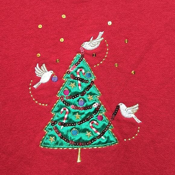 Red Christmas Tree Sweatshirt Doves Beaded Embellished - Picture 2 of 5